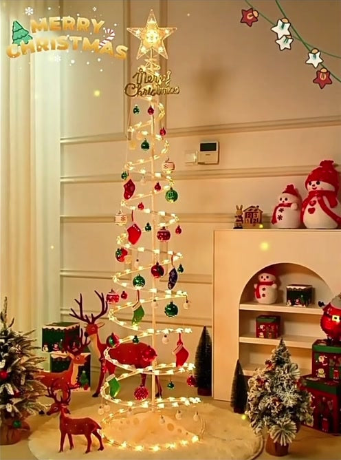 Árvore de Natal espiral LED 1,80M+Papai Noel, bengala pequena, sinos dourados e outras decorações suspensas -N10
