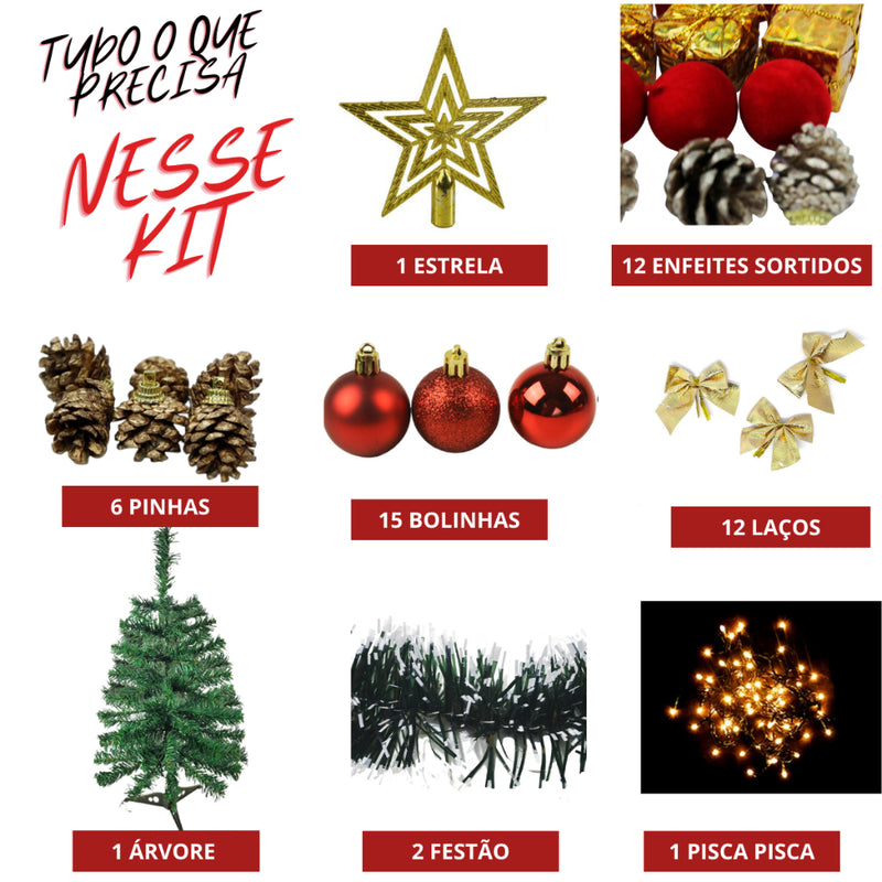Arvore Natal Decorada Completa com Enfeites Pisca Pisca 60 CM 90CM 120CM PINHEIRINHO PREMIUM