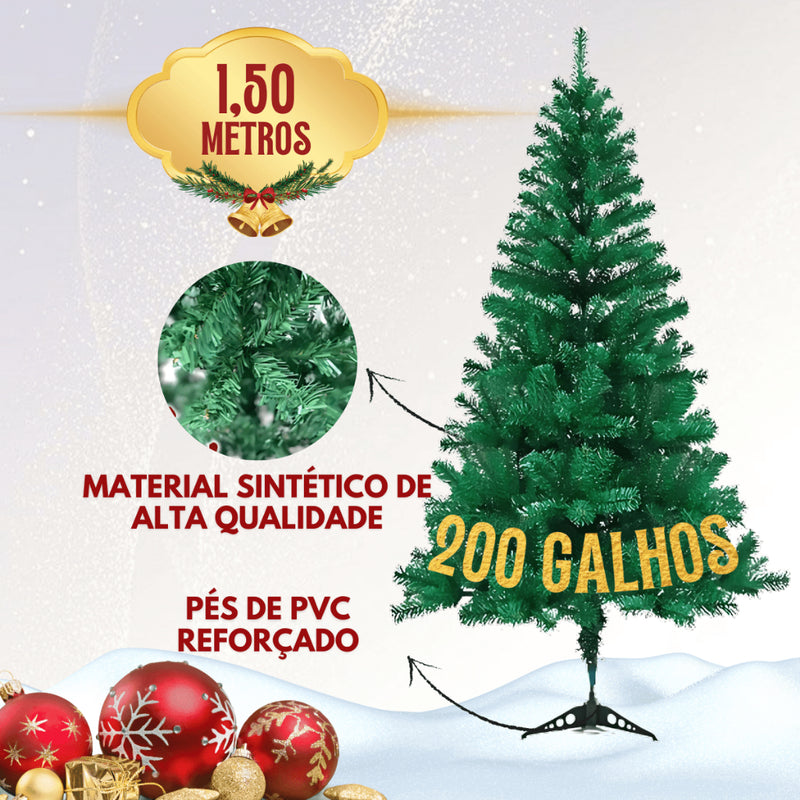 Árvore Pinheiro 1,50 cm Linha Premium 200 Galhos Cheios Decorada Completa 81 Enfeites e Pisca Natal