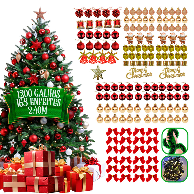 Árvore Natal Decorada 2,40m 165 Enfeites Pisca 1200 Galhos Super Premium Luxo