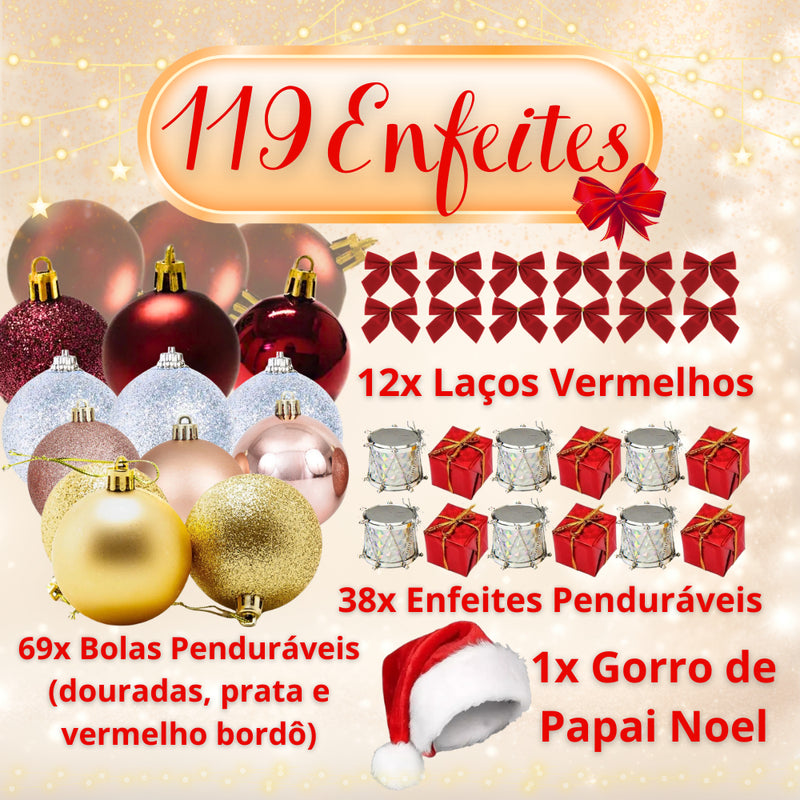 Árvore Natal Pinheiro 120cm Cheia Enfeitada Decorada Kit Completo Enfeites +Pisca Pisca Verde Nevada
