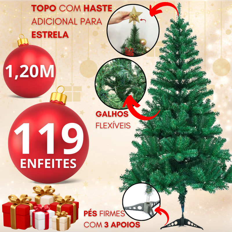 Árvore Natal Pinheiro Cheia 120cm Enfeitada Decorada Kit Completo Enfeites Bolas de Natal Laços