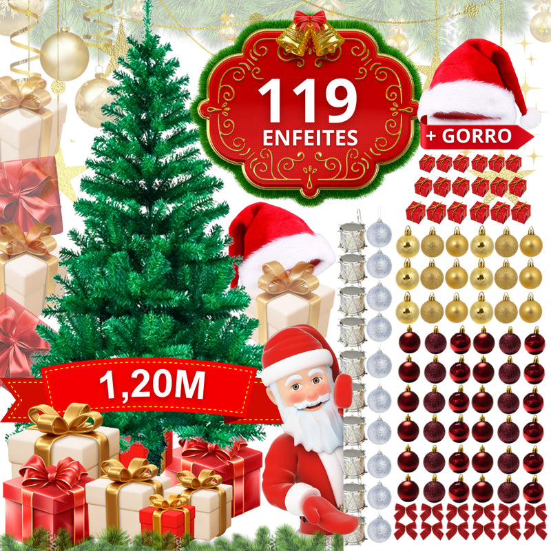 Árvore Natal Pinheiro Cheia 120cm Enfeitada Decorada Kit Completo Enfeites Bolas de Natal Laços