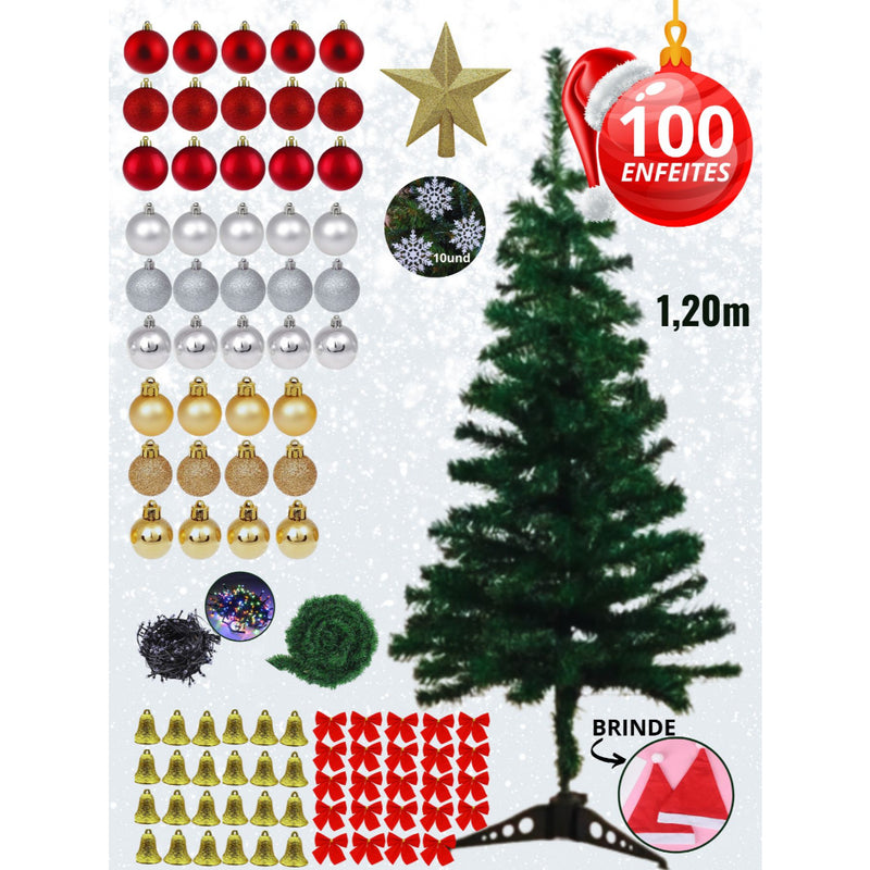 Kit Arvore Natal 120cm 120 Galhos Verde Pinheiro Mais 100 Enfeites Decoração Natalina