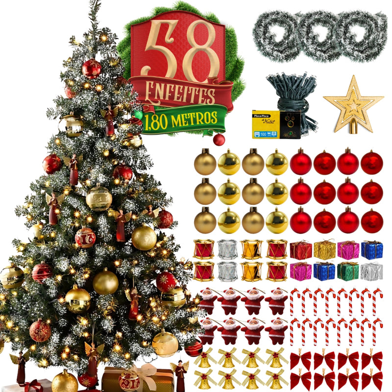 Árvore Natal Pinheiro 180cm Enfeitada Decorada Promoção Luxo Nevada Verde Estrela Pisca LED 1,80m
