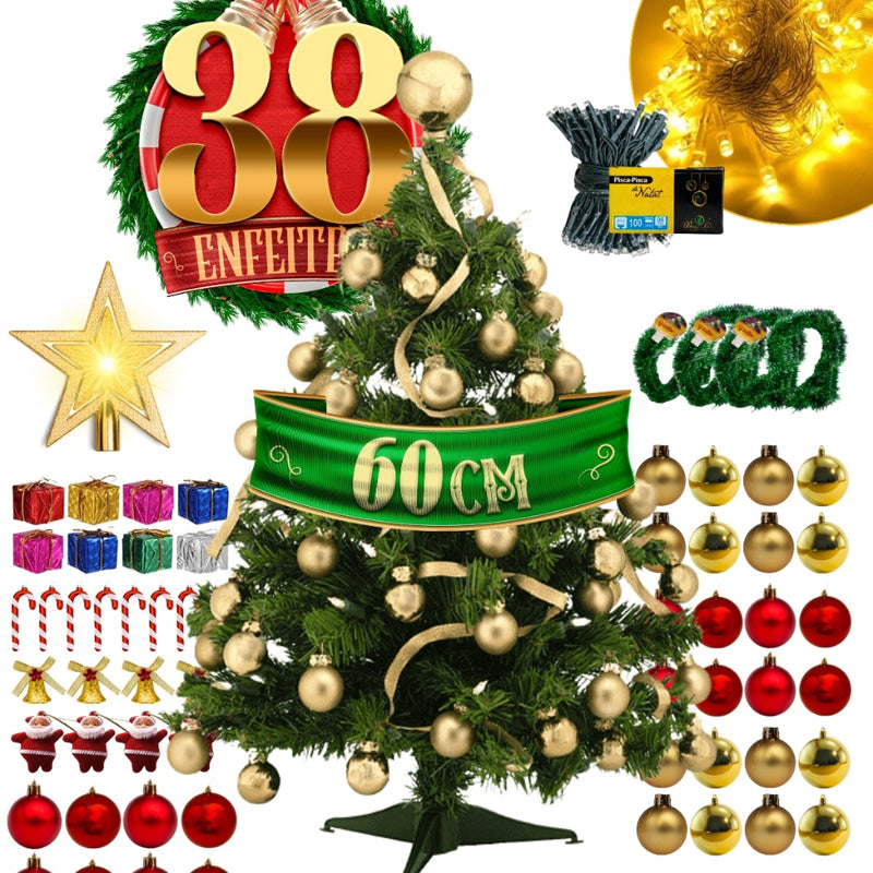 Kit Árvore Natal Decorada Papei Noel 60cm Meio Metro 0,60m Enfeites Kit Natal Completo Pisca LED
