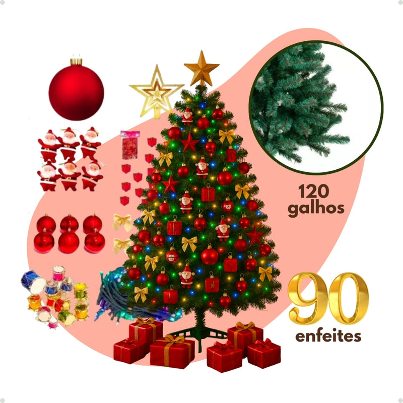 Kit Arvore De Natal 120cm 120 Galhos Cheia Pinheiro Com Opção + 90 Enfeites Decorações Natalina Premium Luxo