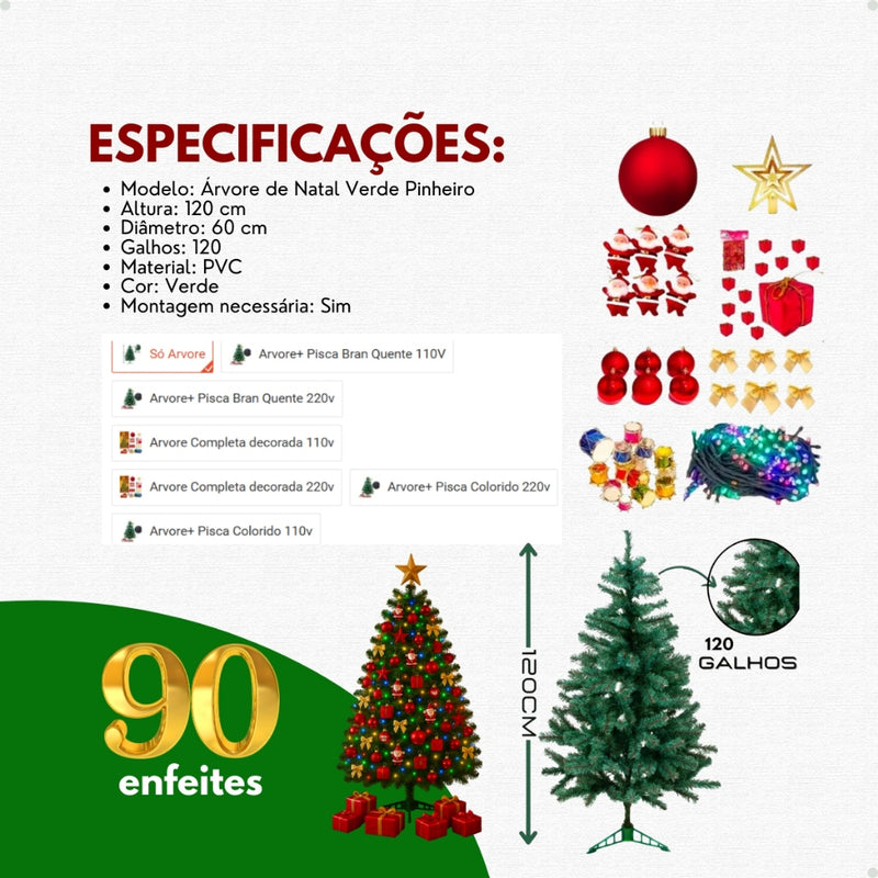 Kit Arvore De Natal 120cm 120 Galhos Cheia Pinheiro Com Opção + 90 Enfeites Decorações Natalina Premium Luxo