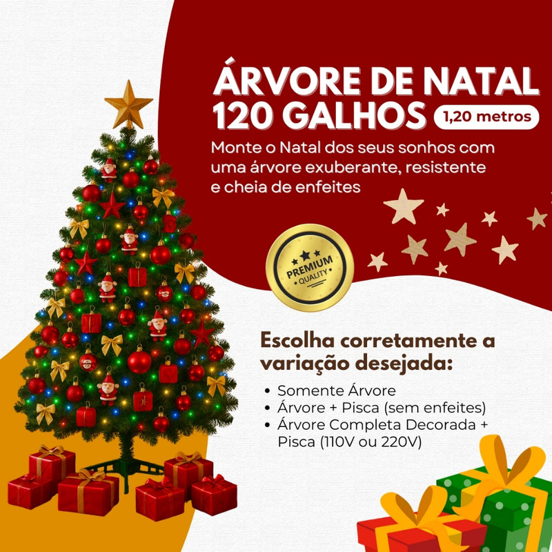 Kit Arvore De Natal 120cm 120 Galhos Cheia Pinheiro Com Opção + 90 Enfeites Decorações Natalina Premium Luxo