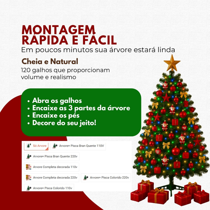 Kit Arvore De Natal 120cm 120 Galhos Cheia Pinheiro Com Opção + 90 Enfeites Decorações Natalina Premium Luxo