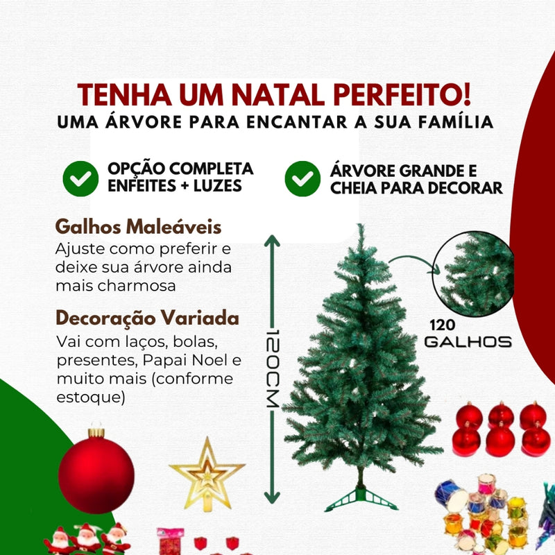 Kit Arvore De Natal 120cm 120 Galhos Cheia Pinheiro Com Opção + 90 Enfeites Decorações Natalina Premium Luxo