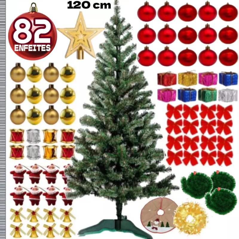 Arvore de Natal Decorada 120cm 120 Galhos Completa Enfeitada Verde Pinheiro Mais 82 Enfeites Pisca Led Decoração Top