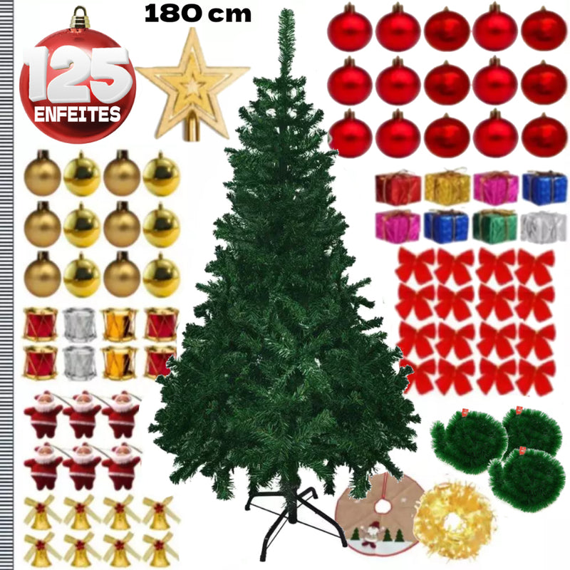 Arvore de Natal Decorada 180cm 320 Galhos Completa Enfeitada Verde Pinheiro Mais 125 Enfeites Pisca Led Decoração Top