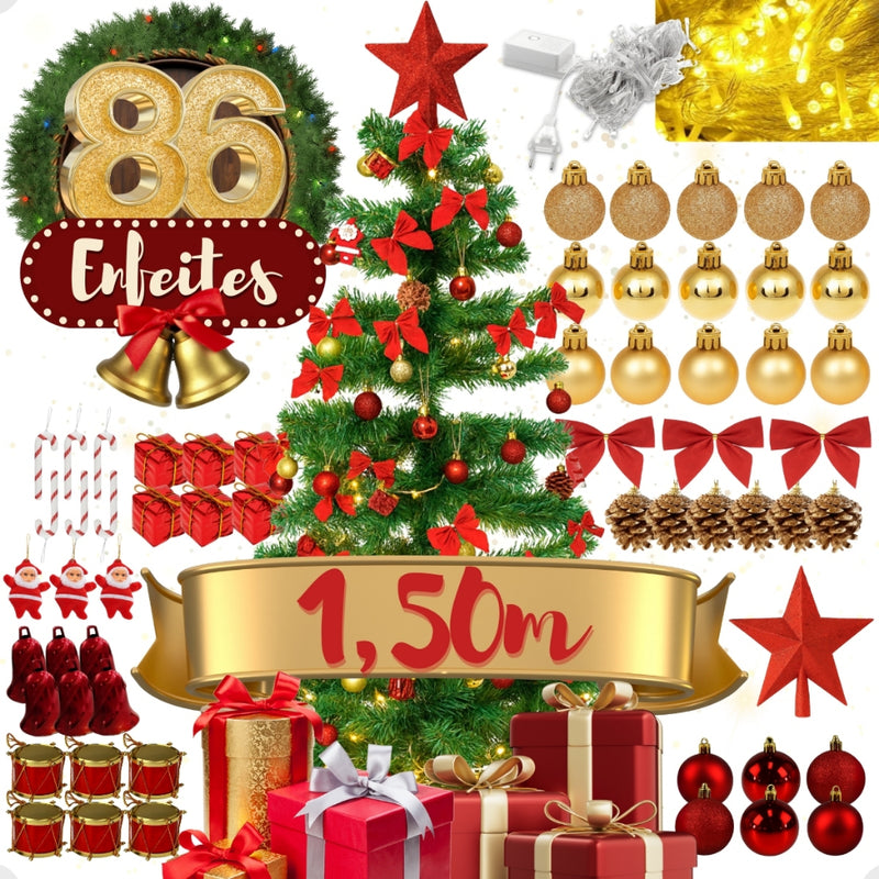 Árvore De Natal 150cm 86 Enfeites Decorada Completa 220 Galhos Pisca Pisca