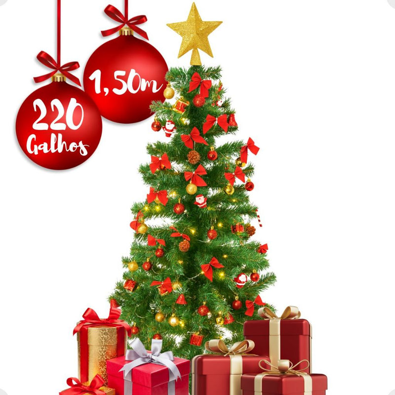 Árvore De Natal 150cm 86 Enfeites Decorada Completa 220 Galhos Pisca Pisca