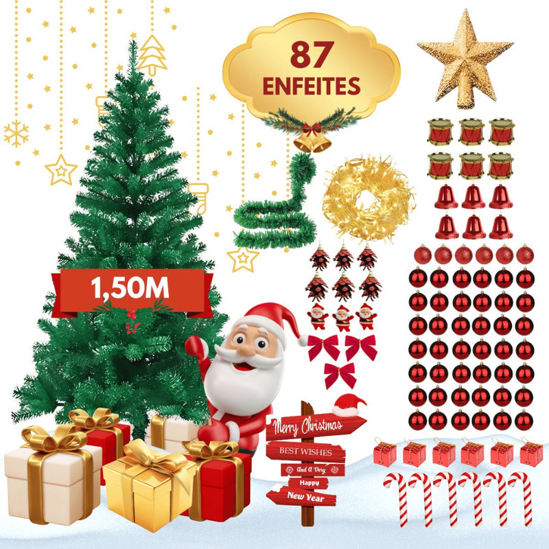 Árvore Pinheiro 1,50 cm Linha Premium 200 Galhos Cheios Decorada Completa 81 Enfeites e Pisca Natal
