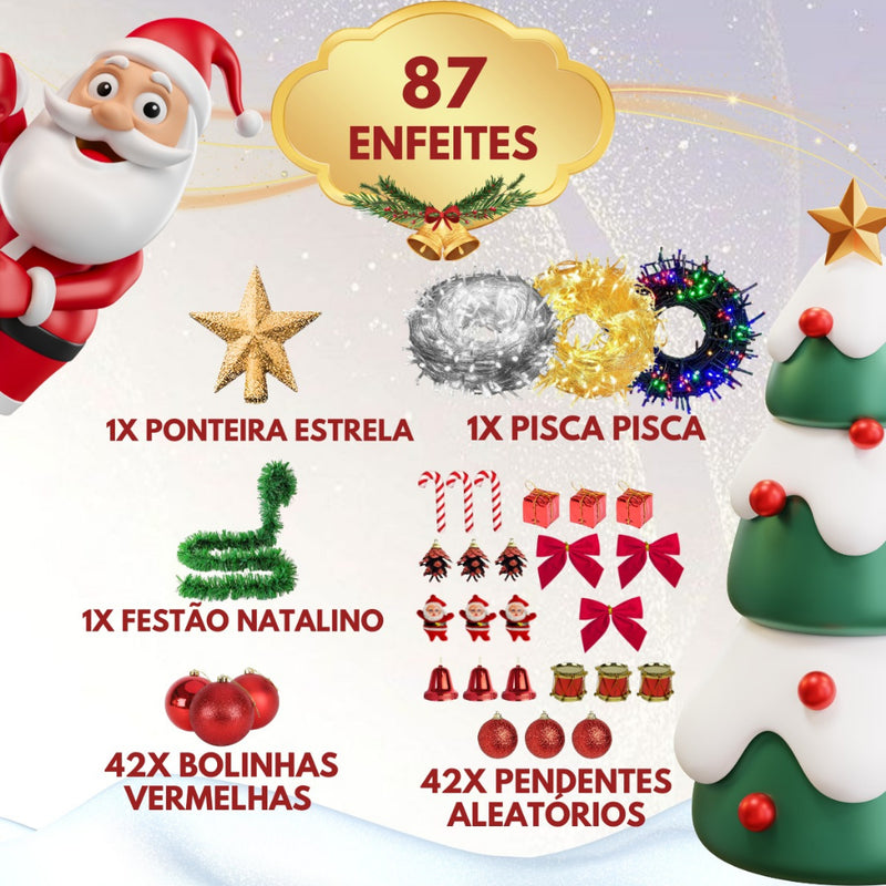 Árvore Pinheiro 1,50 cm Linha Premium 200 Galhos Cheios Decorada Completa 81 Enfeites e Pisca Natal