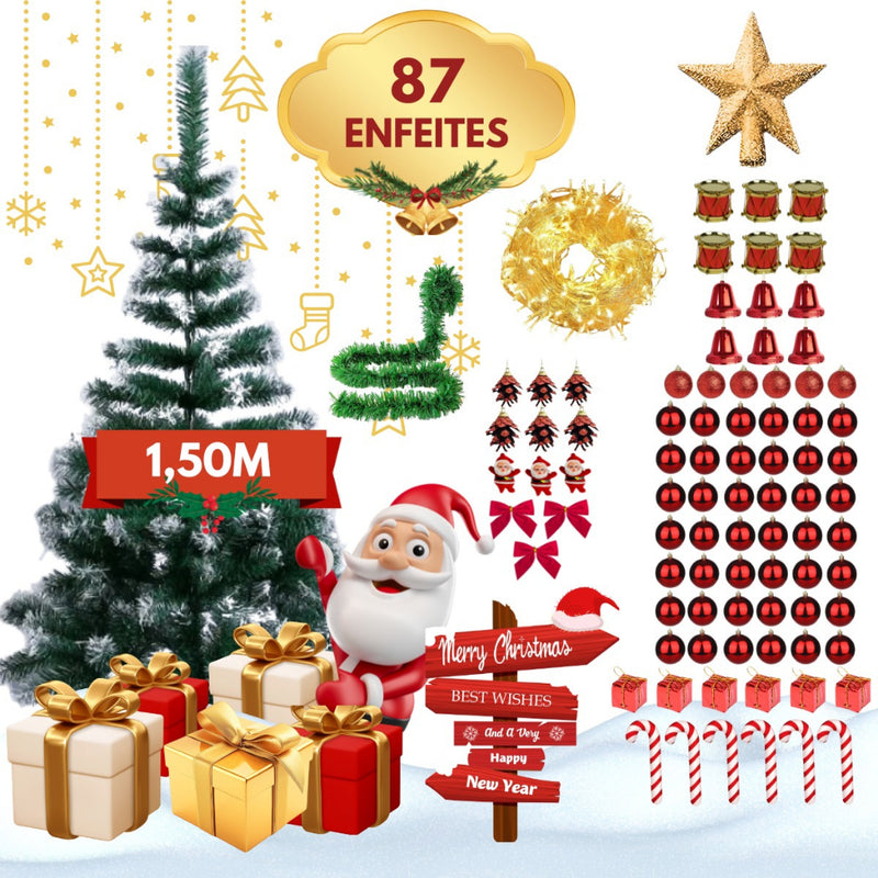 Árvore Pinheiro 1,50 cm Linha Premium 200 Galhos Cheios Decorada Completa 81 Enfeites e Pisca Natal