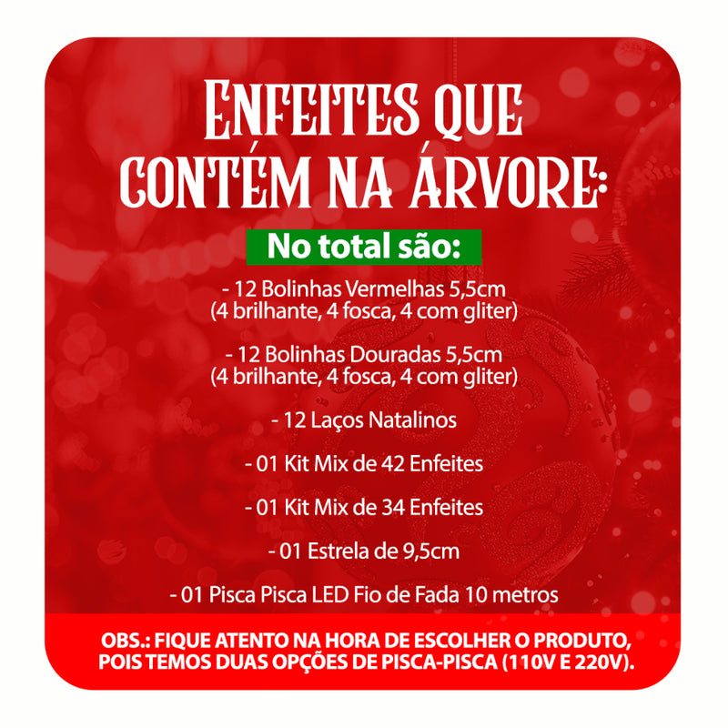 Árvore Natal Decorada 2,10m 600 Galhos 114 Enfeites Premium Kit Completo Enfeites + Pisca Pisca