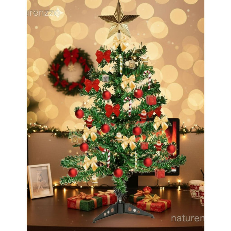 Árvore De Natal 60 cm Decorada 51 enfeites Completa  Com Pisca kit Verde Nevada Mesa