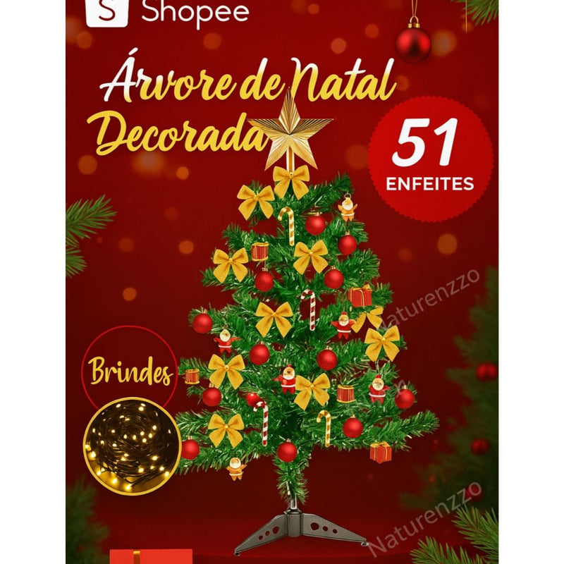 Árvore De Natal 60 cm Decorada 51 enfeites Completa  Com Pisca kit Verde Nevada Mesa