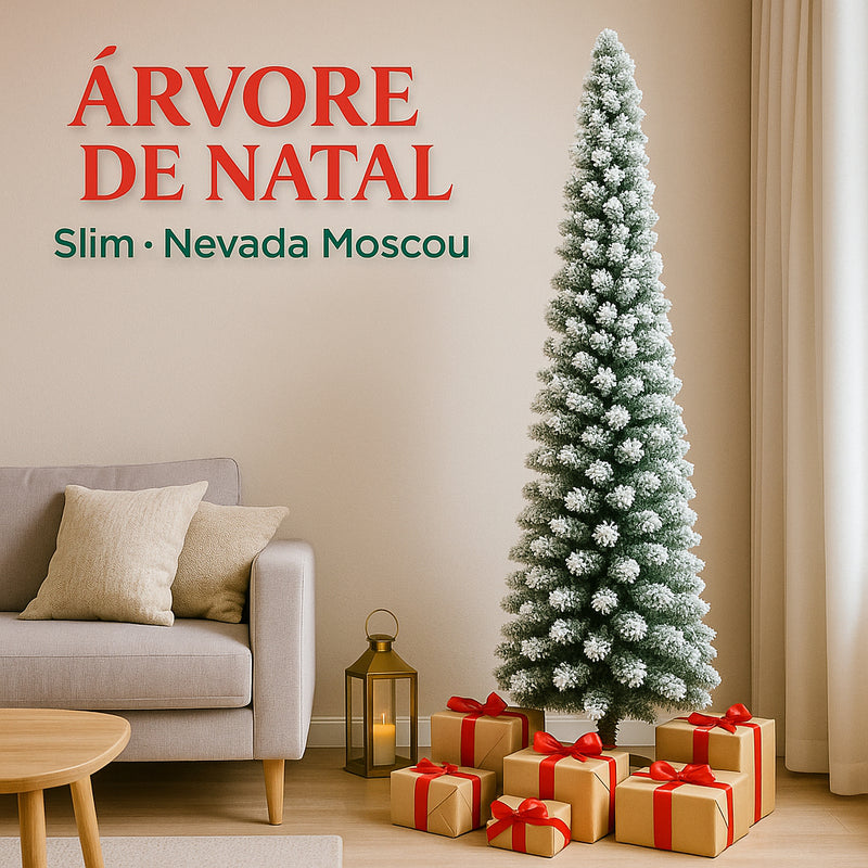 Árvore Slin Moscou Nevada Luxo Delicada Pé Ferro com Neve Artificial 1,5m 1,8m 2,1m