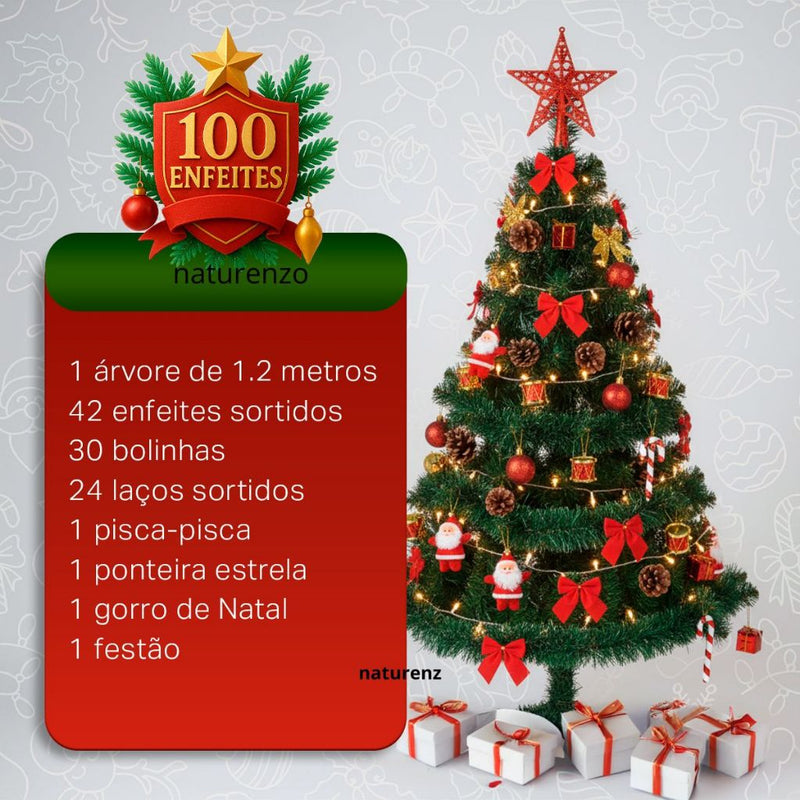 Árvore De Natal 1,20 metros Decorada 100 Enfeites Pisca Pisca Completa 120 galhos kit tradicional