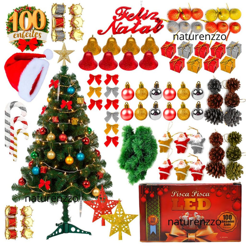 Árvore De Natal 1,20 metros Decorada 100 Enfeites Pisca Pisca Completa 120 galhos kit tradicional
