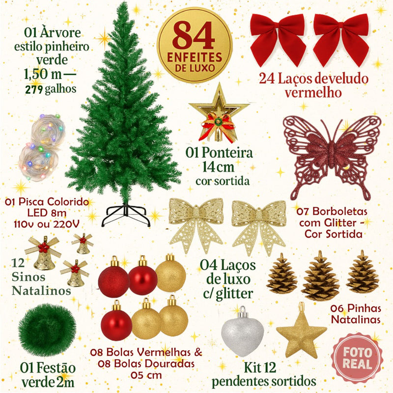 kit Árvore de Natal 1,5m Cheia Decorada Galhos Verde Pé de Ferro 150cm Premium Pisca Led Laço Quente
