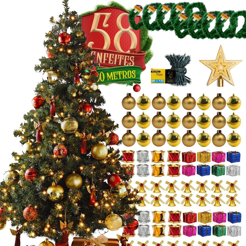 Kit Árvore de Natal Completa Pisca LED Enfeites Decorada 120cm 150cm 180cm 1,20 1,50 1,80 Grande
