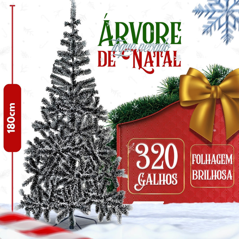 Árvore Natal Pinheiro 180cm Enfeitada Decorada Promoção Luxo Nevada Verde Estrela Pisca LED 1,80m