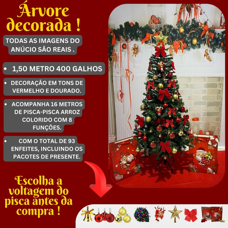 Árvore de Natal decorada Verde 1,50 Metros 400Galhos Pinheiro Canadense pé Luxo Premium